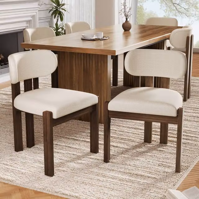 ModernLuxe Set of 6 Solid Wood Dining Chairs with Boucle Upholstery in Warm White