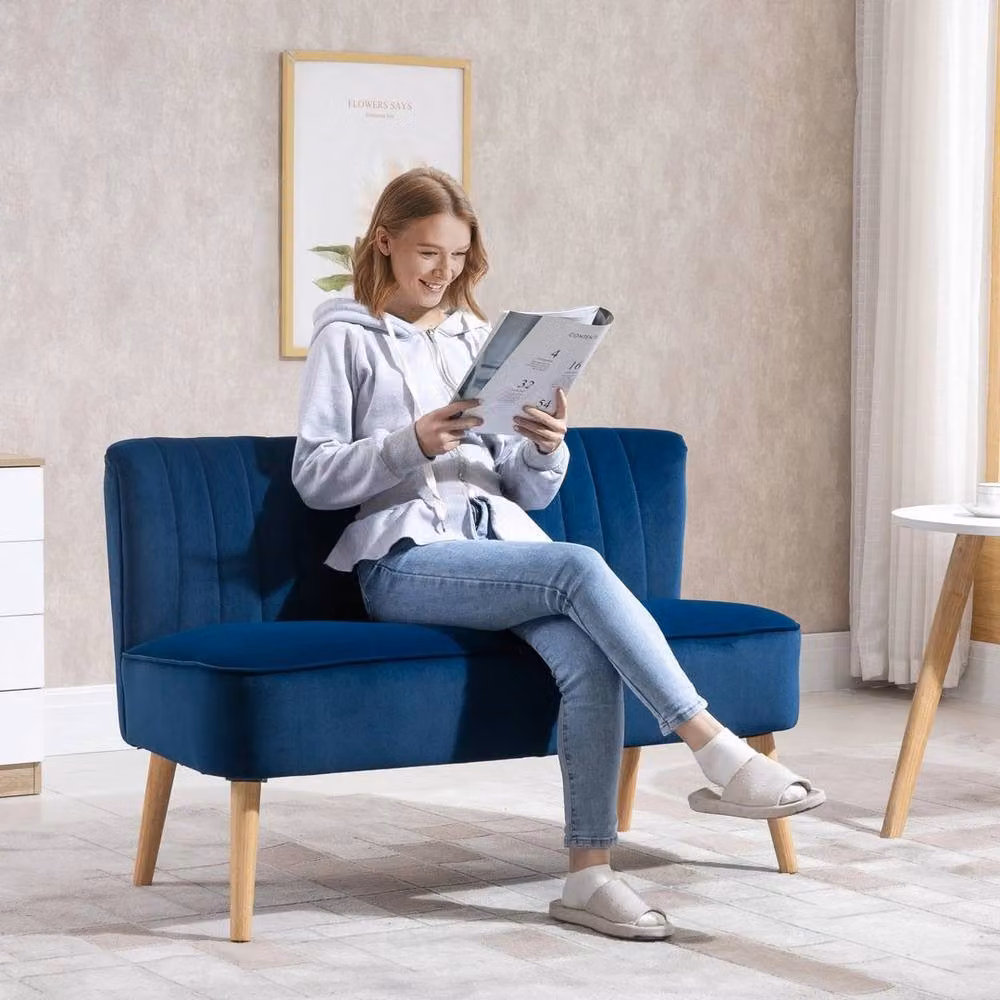 PAWNORA Double Sofa with High Back Foam Padding in Dark Blue – 3