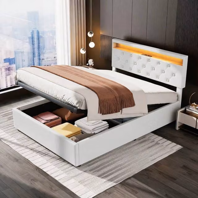 SPETLEK White Fabric Upholstered Double Bed Frame with Lift Up Base and USB Charging Port, W/D/H: 140 x 200 cm – 1