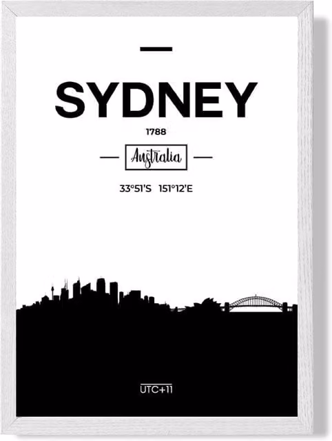 ARTZE Sydney Black and White City Skyline Framed Print with White Frame
