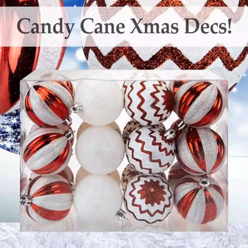 VFM e-Store Red and White Candy Cane Striped Baubles, 24 Pack, Diameter: 6 cm – 4