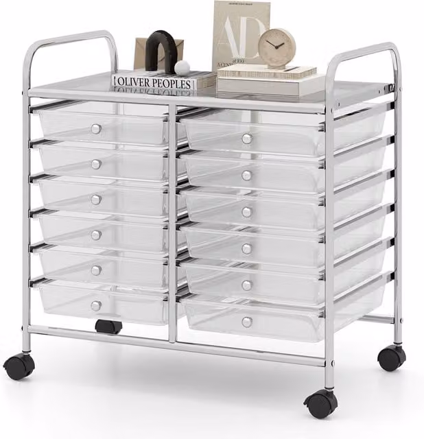 Gymax 12-Drawer Multi-Purpose Utility Storage Rolling Cart with Handles in Transparent Clear