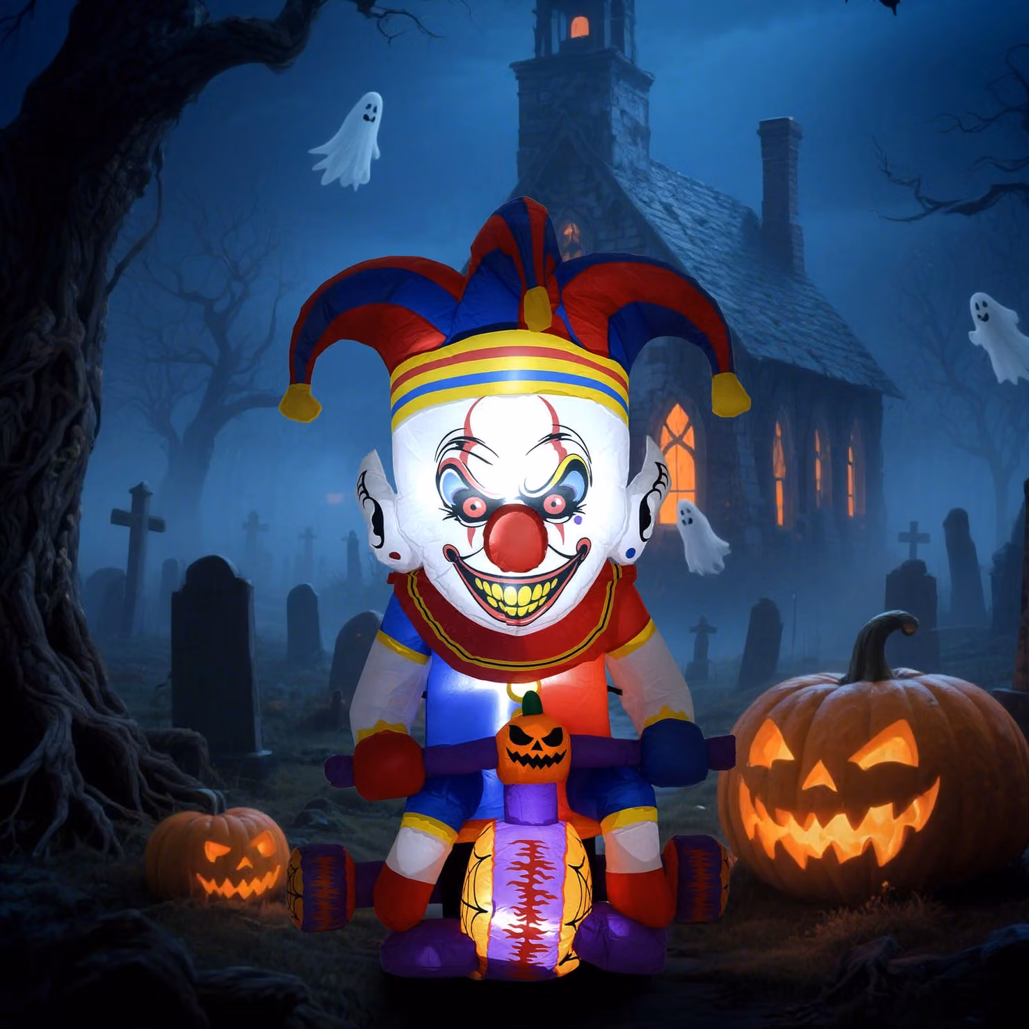 Outsunny 4ft Halloween Inflatable Clown on Bicycle with 3 Built-in LED Lights, Multicolour Outdoor Decoration – 2