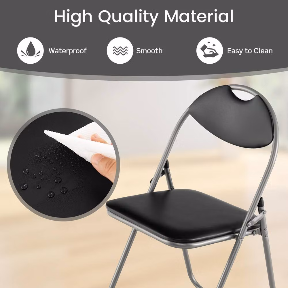 Costway Set of 4 Black Folding Metal Kitchen and Dining Chairs with Padded Synthetic Leather Seats – 3