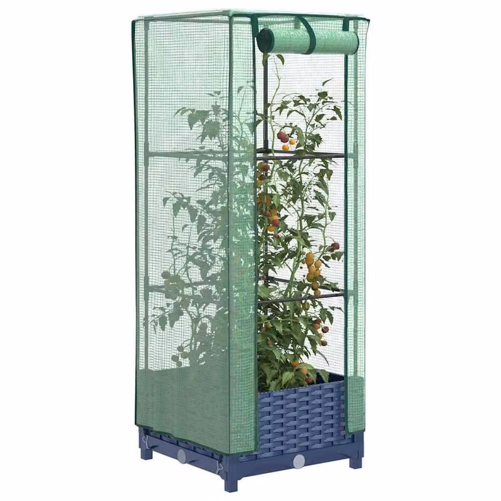 Berkfield Home Raised Bed with Greenhouse Cover in Blue Rattan Look, W/D/H: 40 x 40 x 123 cm – 2
