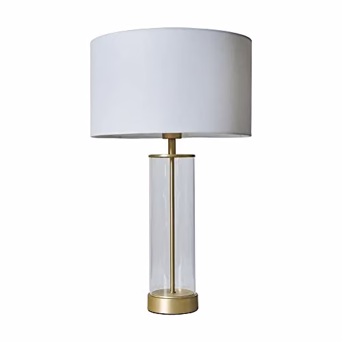 ValueLights Balan Modern Table Lamp with Glass and Gold Metal Base and White Fabric Cylinder Shade, H 56 cm x W 35 cm x D 35 cm – 1