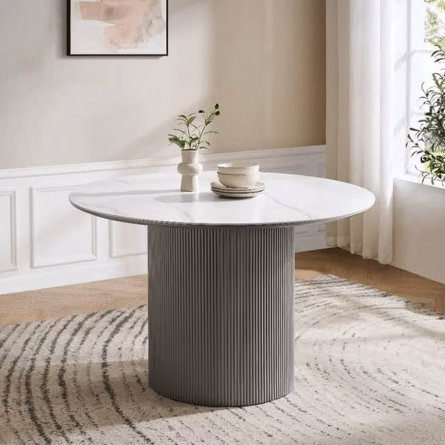 Modish Furnishing Lucas Round Dining Table with White Matt Ceramic Top and Grey Base
