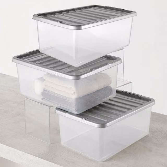 Storm Trading Group Set of 3 Transparent Underbed Storage Containers with Silver Lids, 32 Litre Each