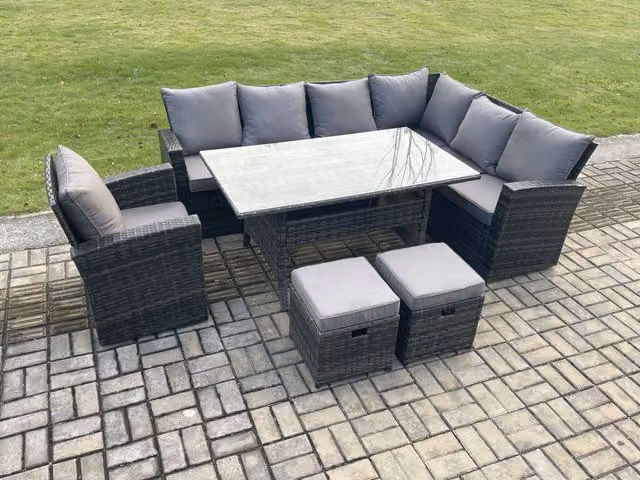 Fimous 9 Seater Garden Rattan Furniture Set with Corner Sofa, Dining Table, Armchair and 2 Footstools in Dark Grey