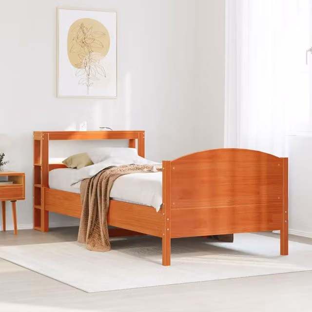 Berkfield Home Small Single Solid Wood Pine Bed Frame in Waxed Brown with Side Compartments, W: 75 cm, L: 190 cm – 1