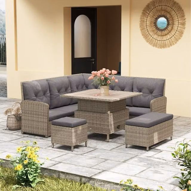 Outsunny 6 Piece Modern Rattan Garden Furniture Set in Light Grey