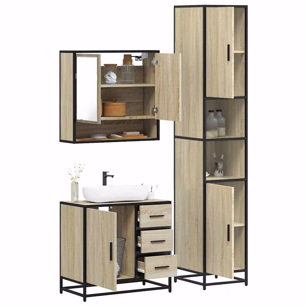 Berkfield Home 3 Piece Industrial Bathroom Furniture Set in Sonoma Oak and Beige – 2