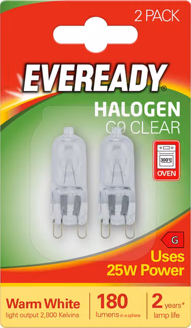 Eveready G9 Halogen Capsule Light Bulb, 25W, 2800K Warm White, 180lm, Transparent Glass