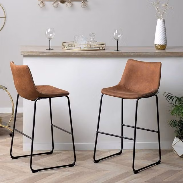 Wyld and Coco Acme Set of 2 Brown Fabric Bar Stools with Black Metal Legs – 1