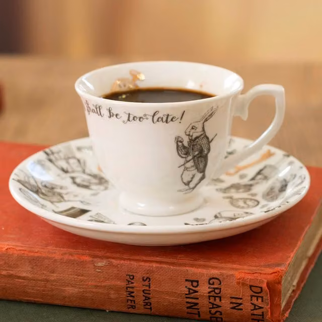 Victoria And Albert Alice In Wonderland Espresso Cup and Saucer in White, Black and Gold Bone China