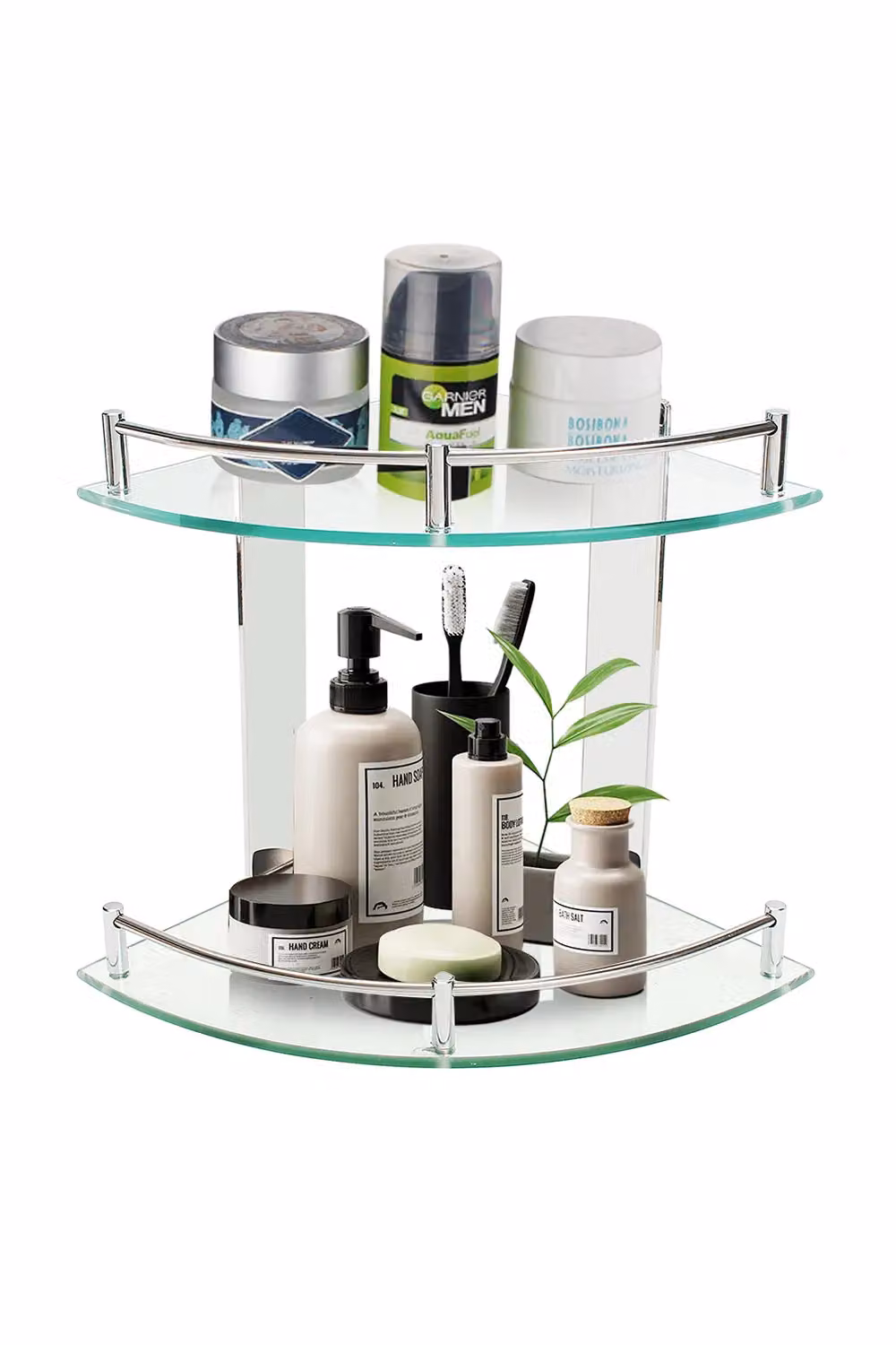 Living and Home 2-Tier Wall Mounted Corner Bathroom Shelf in Silver with Tempered Glass – 3