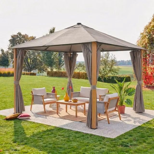sweeek Aluminium Garden Gazebo with Curtains in Beige, W/D/H: 300 x 300 x 275 cm