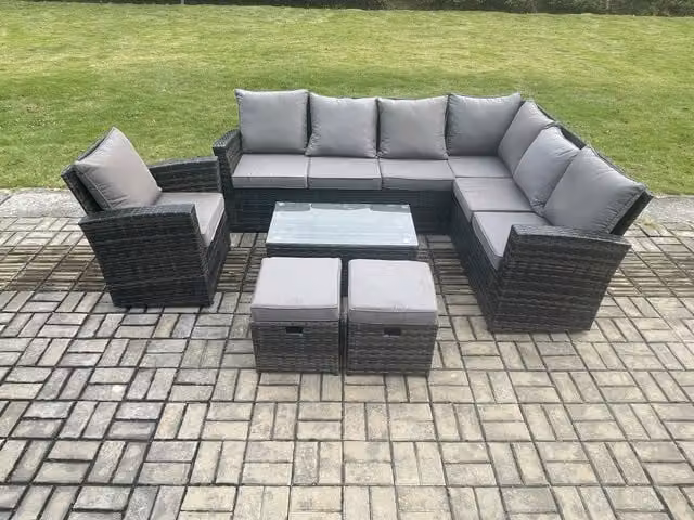 Fimous Dark Grey Wicker PE Rattan Outdoor Garden Furniture Set with High Back Corner Sofa, Armchair, Rectangular Coffee Table and 2 Footstools