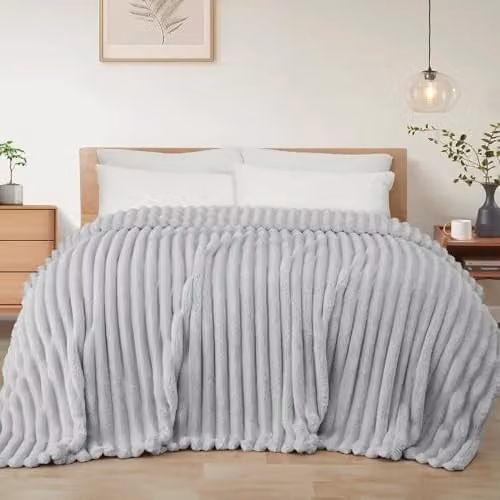 Dyzi Ribbed Jacquard Fleece Throw Blanket, Grey, W: 200 cm, D: 240 cm – 1
