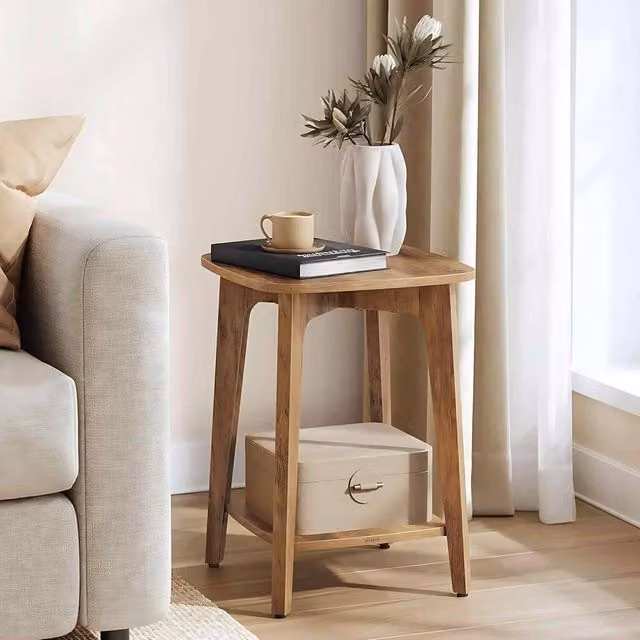 The Bazaarist Mid-Century Square Wood Side Table with Lower Shelf, Brown, W/D/H: 40.0 x 40.0 x 54.5 cm