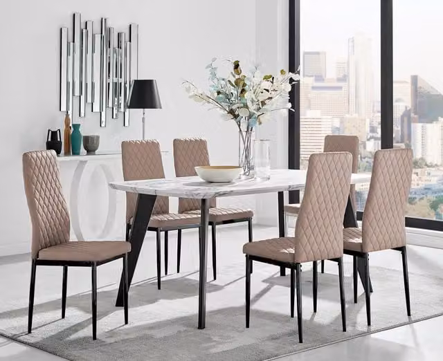 FurnitureboxUK Andria White Marble Effect 6 Seater Dining Table and 6 Milan Beige Faux Leather Chairs