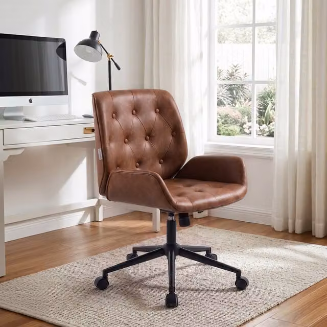 Livingandhome Mid-Century Brown Synthetic Leather Height-Adjustable Swivel Task Chair with Armrests