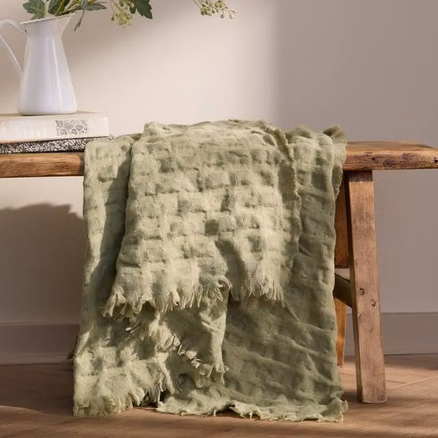 Wylder Walton Green Waffle Pique Fringed Throw, W: 130 cm, D: 180 cm – 1