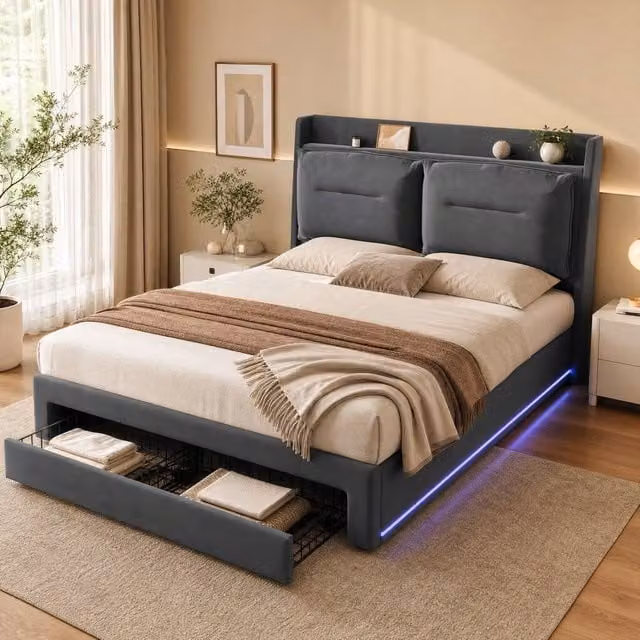 STILVORA Grey Velvet Upholstered King Size Bed with Under-Bed LED Lighting and Storage, W/D/H: 180 x 200 cm – 1