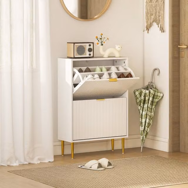 HOMCOM Slim White and Gold Shoe Storage Cabinet with 2 Tilting Compartments for Hallways, W: 60 cm, H: 91.5 cm, D: 12 cm