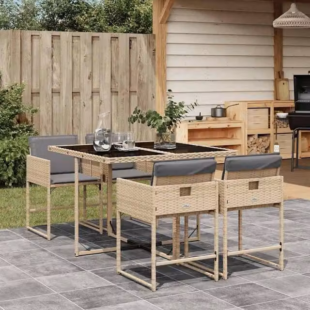 Berkfield Home 5 Piece Poly Rattan Garden Dining Set with Cushions in Beige – 1