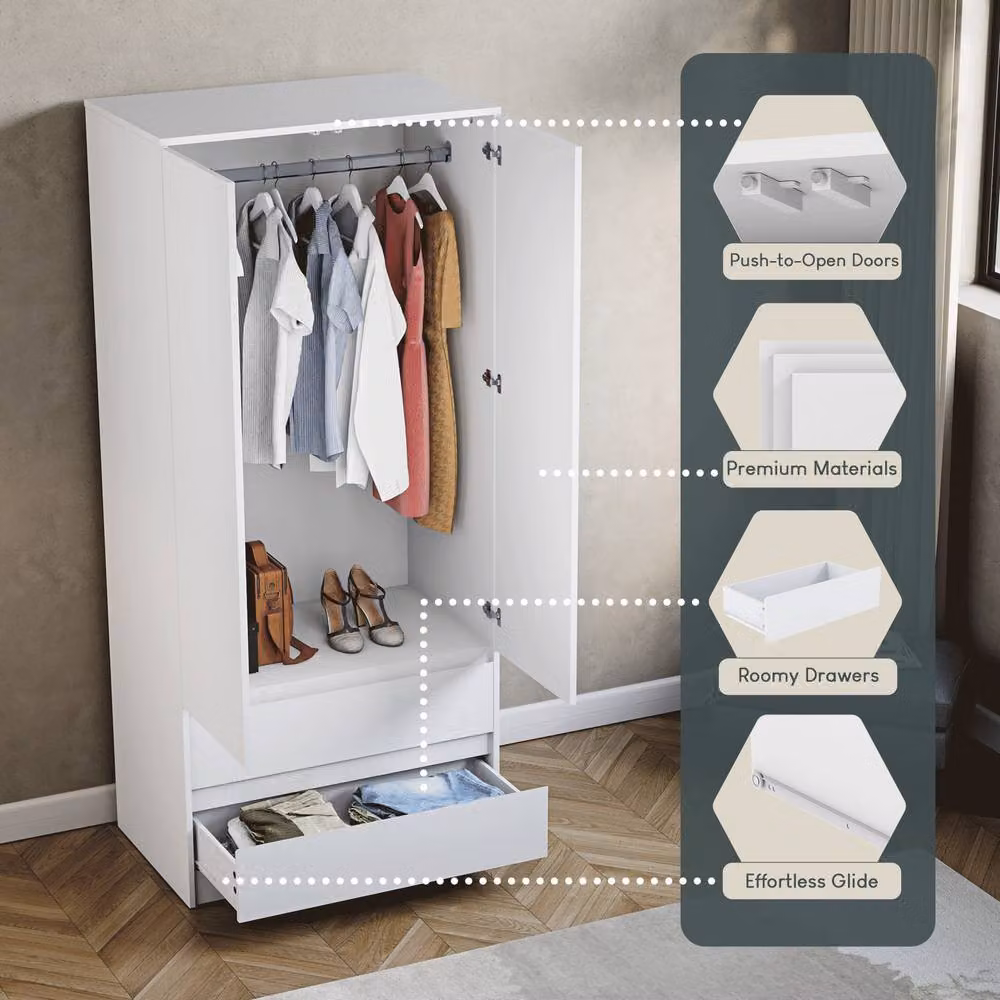 HD Designs Denver 2 Door Wardrobe with Drawers in White MDF – 3