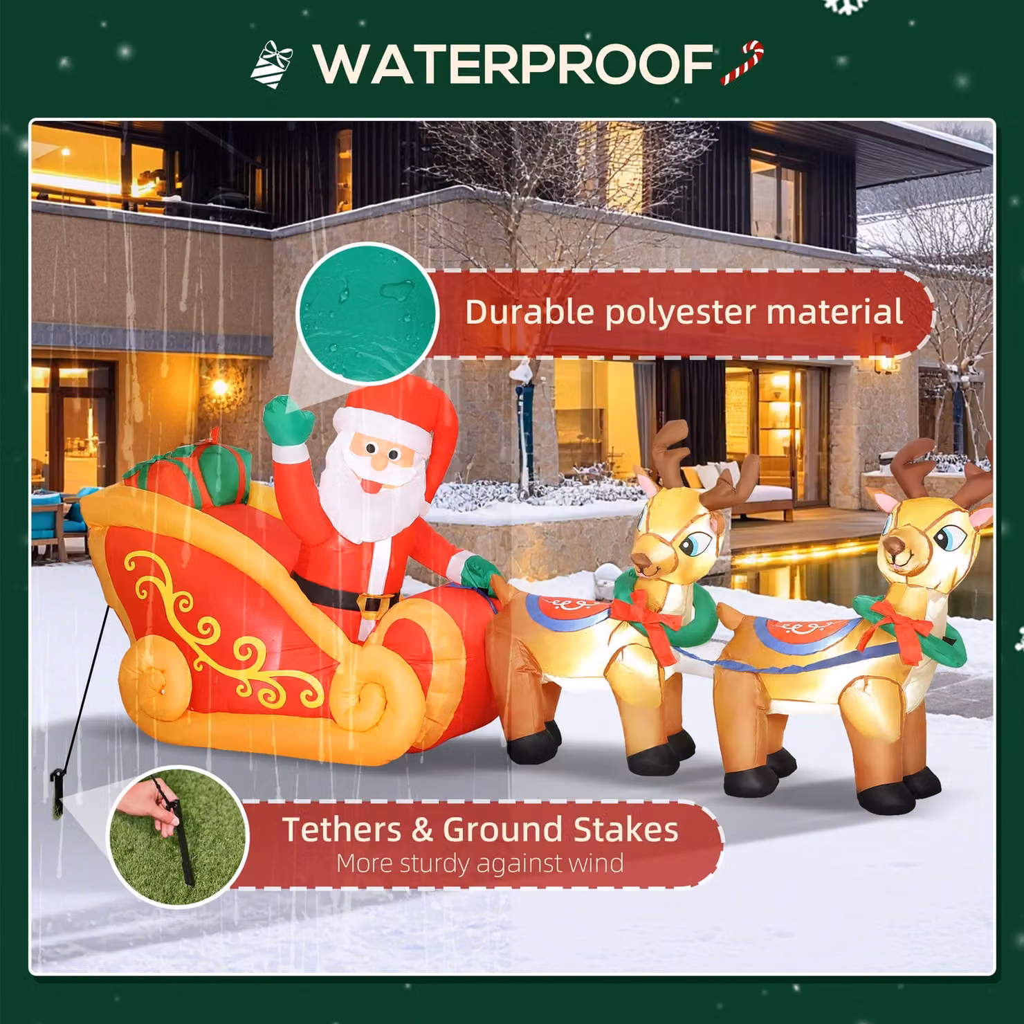 Outsunny 7.9ft Christmas Inflatable Santa on Sleigh with Two Reindeer, Multicolour Outdoor Blow Up Decoration with Built-in LED Lights – 5