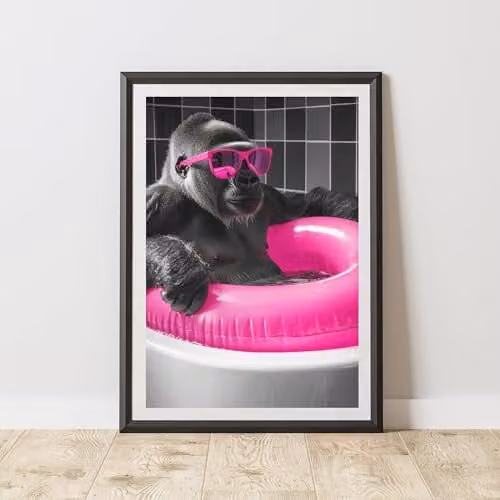 60 Second Makeover Gorilla Pink Rubber Ring Animal Print Paper Poster, A3, Pink, Black and White