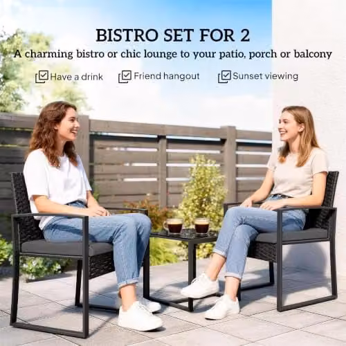 Outsunny 3 Piece Grey Polyrattan Bistro Set with Glass Top for Garden, Balcony or Terrace – 3