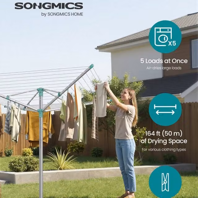 SONGMICS Height-Adjustable Rotary Washing Line Aluminium Drying Rack, Silver