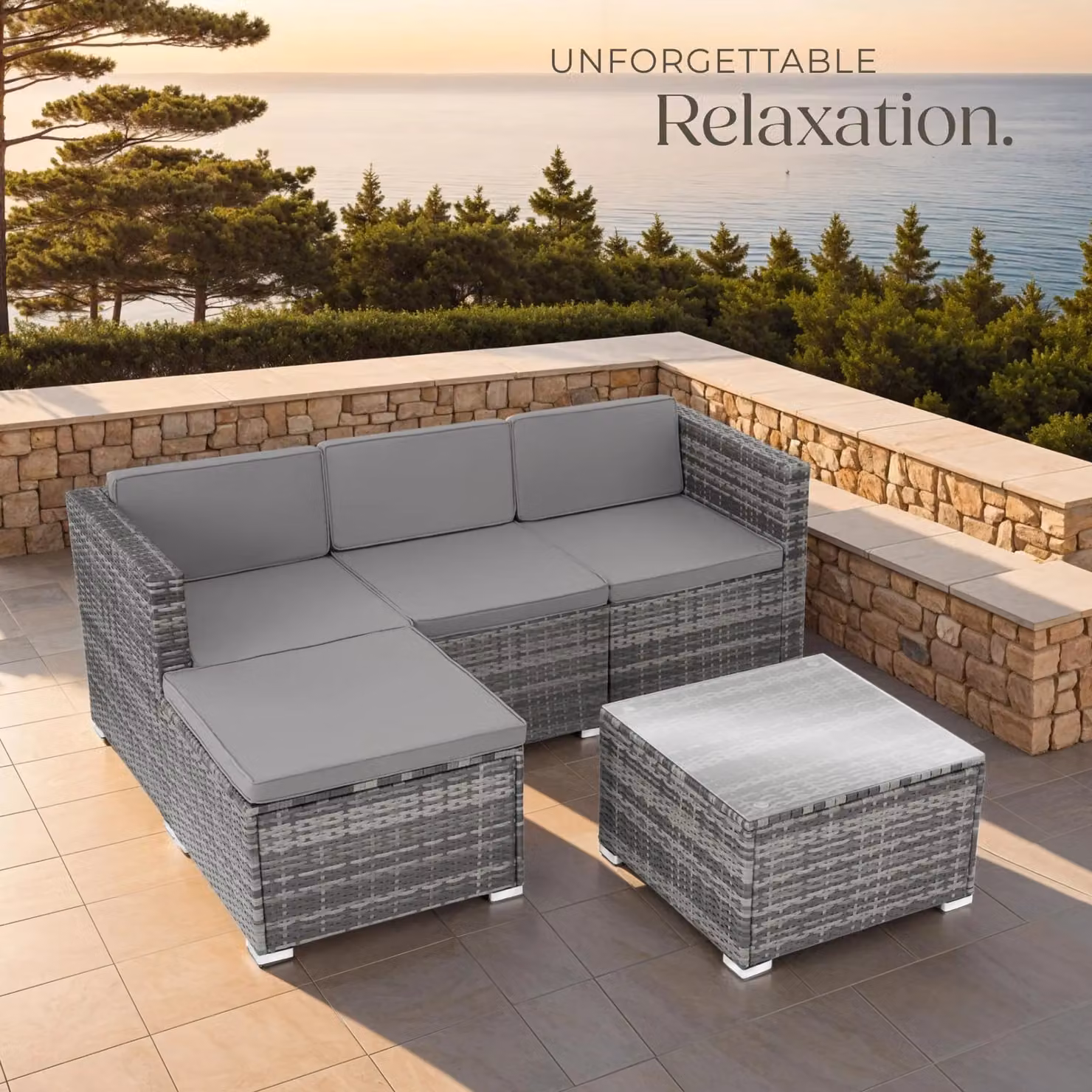tectake Lignano Grey Polyrattan Garden Furniture Set for 4 People with Upholstered Cushions and Coffee Table – 6