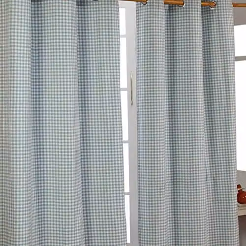 HOMESCAPES Blue Gingham Check Eyelet Curtain Pair, 100% Cotton, Width: 137 cm, Drop: 182 cm – 1