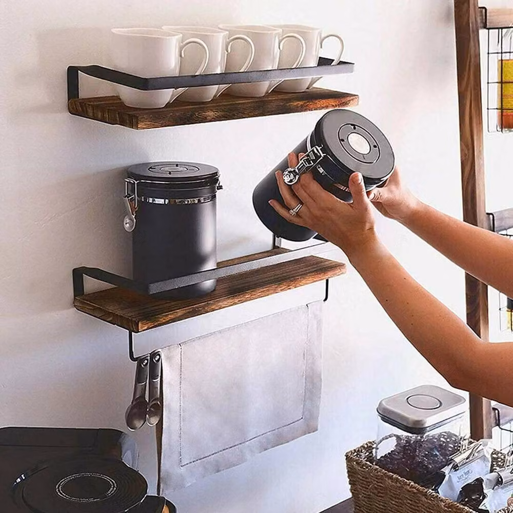 ERGOVEXA Wall Mounted Wood Kitchen and Bathroom Organising Rack with Hanging Rod in Brown and Multicolour – 3
