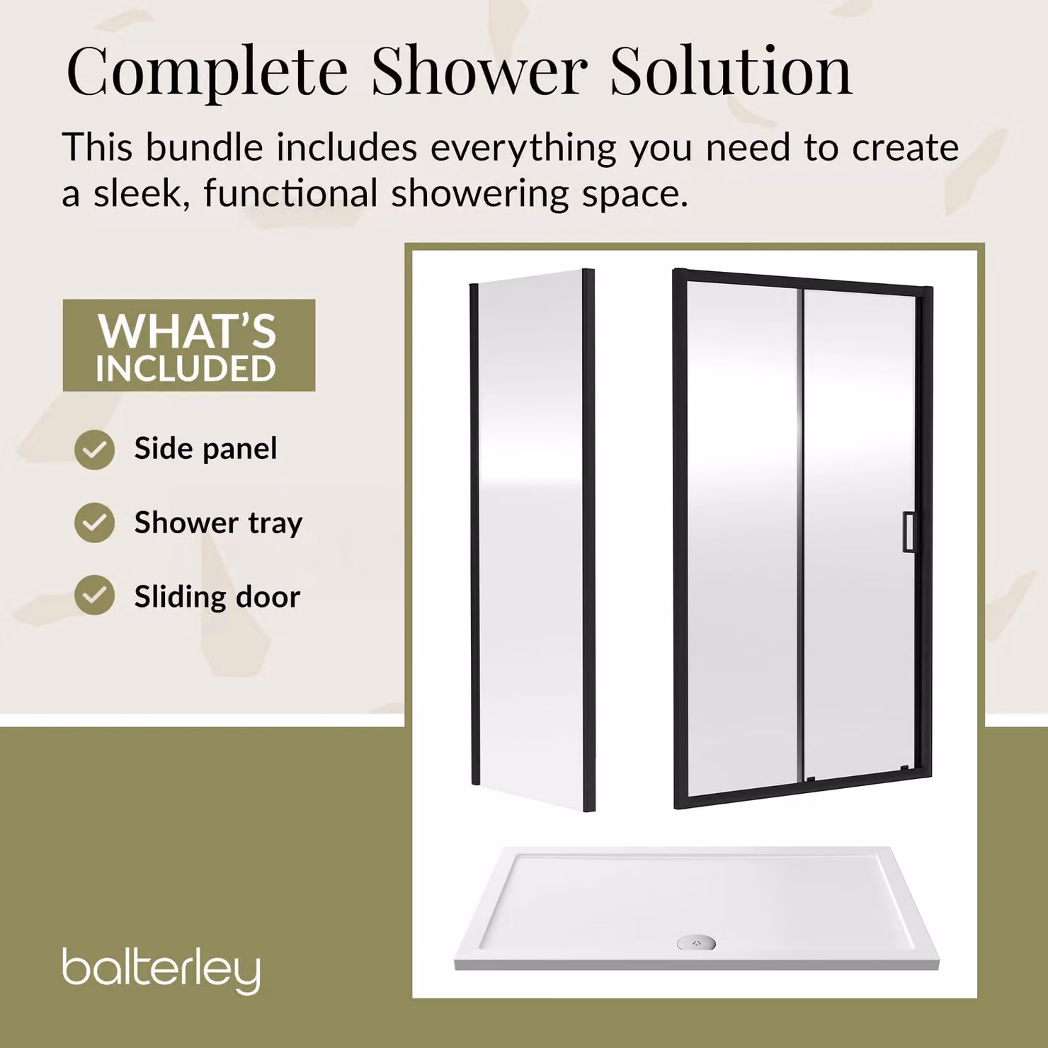 Balterley Ruwa Sliding Shower Suite with Rectangular Tray and 6mm Glass Door Panel, Black, W: 1400 mm, D: 800 mm, H: 190 mm – 5