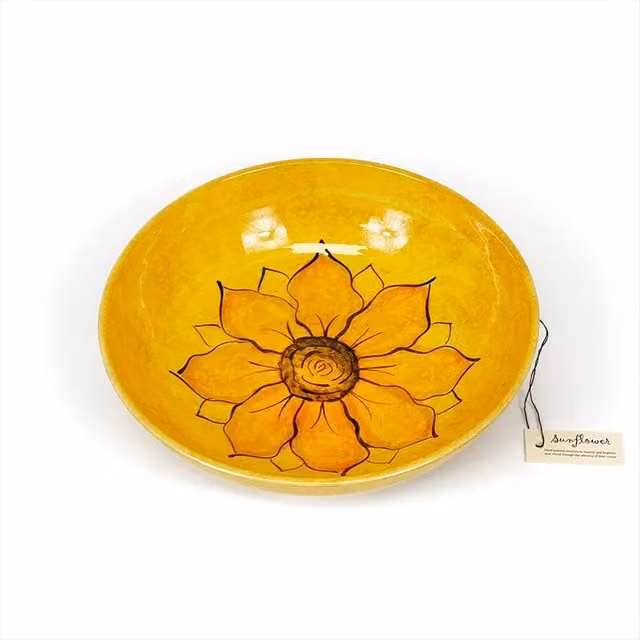 Verano Spanish Ceramics Sunflower Hand Painted Yellow Ceramic Serving Bowl, Diameter: 31 cm, Height: 9 cm