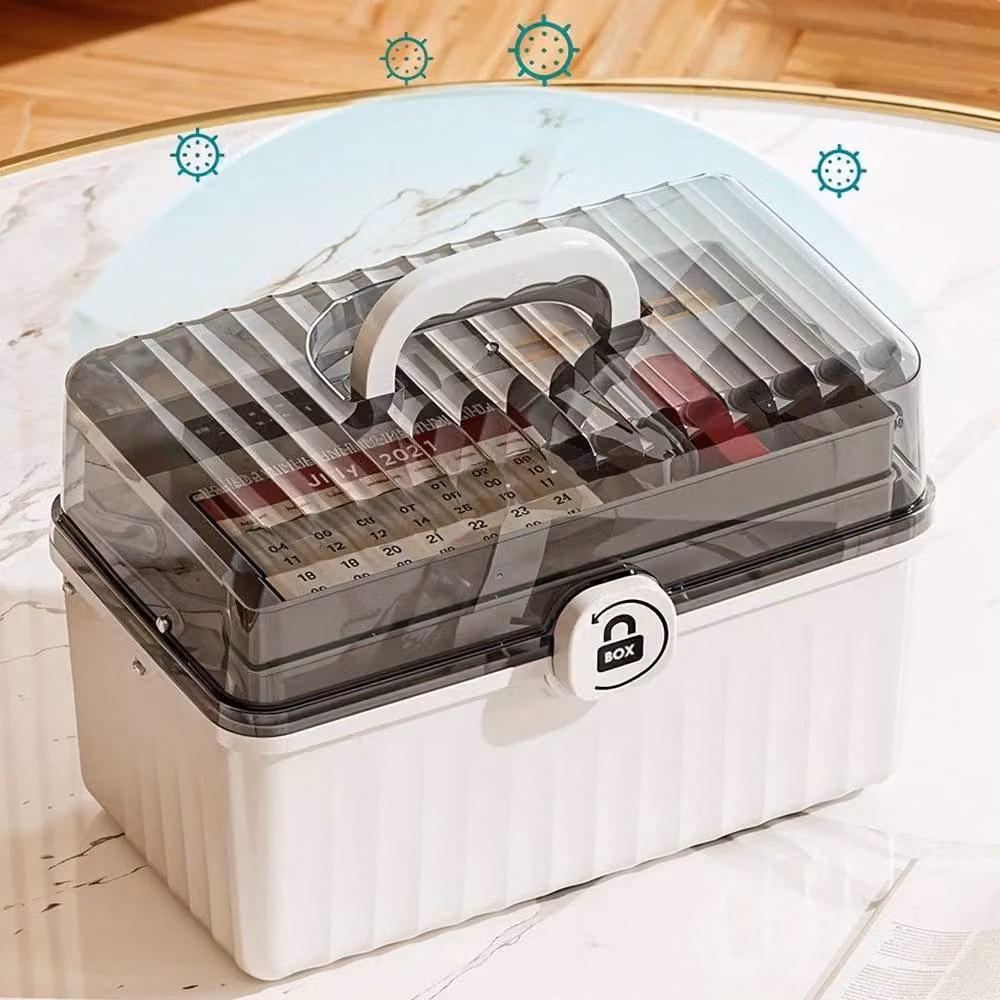 KORVIXA 3 Tier Stackable and Foldable Craft and Medicine Storage Box in Grey, White and Multicolour, Width: 90 cm – 2