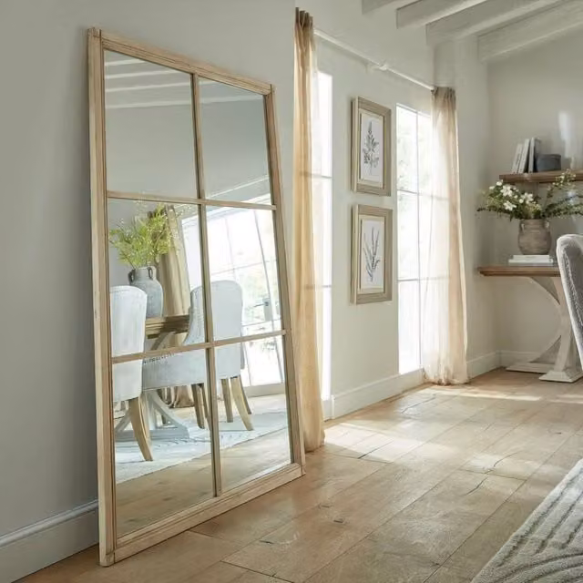 Wyld Haus Rustic Window Pane Leaning Wall Mirror with Natural Wood Frame in Brown