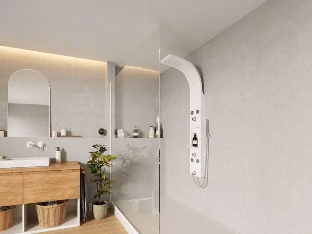 Roana Stainless Steel Hydromassage Shower Column with Rain Overhead Shower and Hand Shower in Matt White, H 140 x W 20 cm