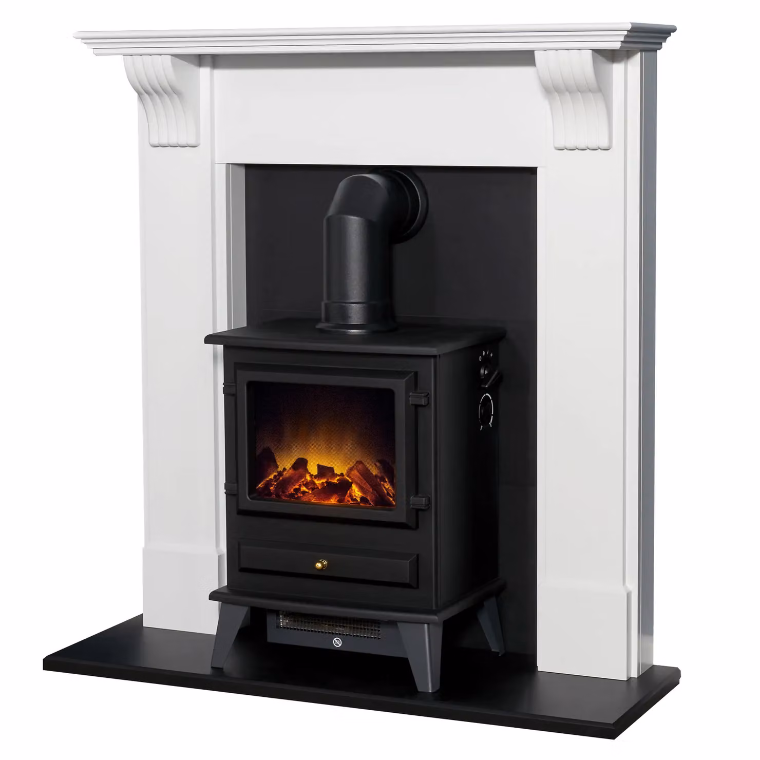 Adam Fires & Fireplaces Harrogate Stove Fireplace in Pure White and Black with Hudson Black Electric Stove, 39 Inch – 2