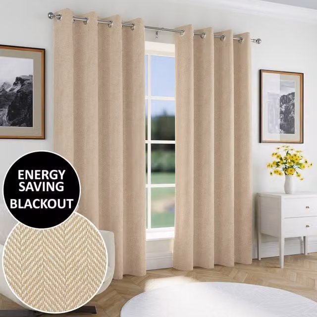 Enhanced Living Chester Herringbone Jacquard Blackout Eyelet Curtains in Natural, Thermal Insulating, Height: 168 cm