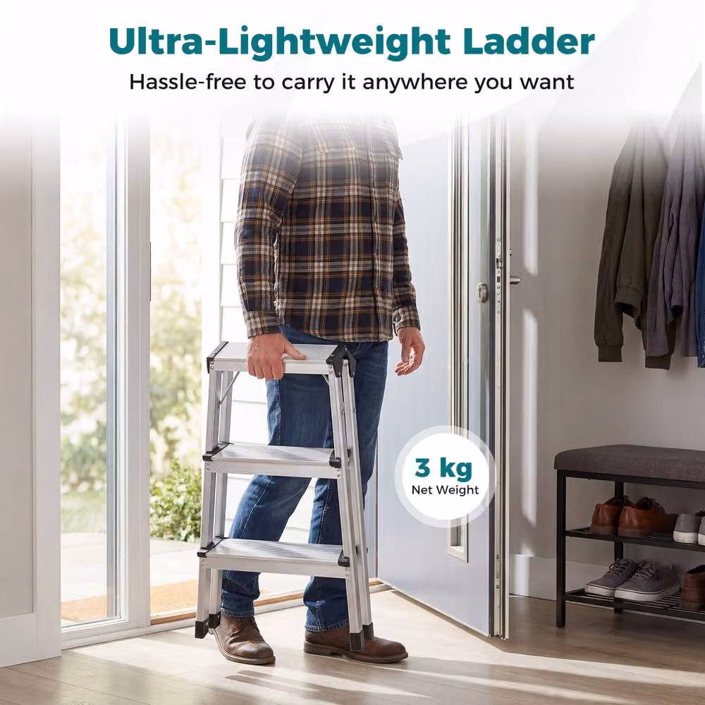 Gymax 3-Step Dual-Sided Aluminium Folding Step Ladder with Wide Anti-Slip Pedals in Silver – 6