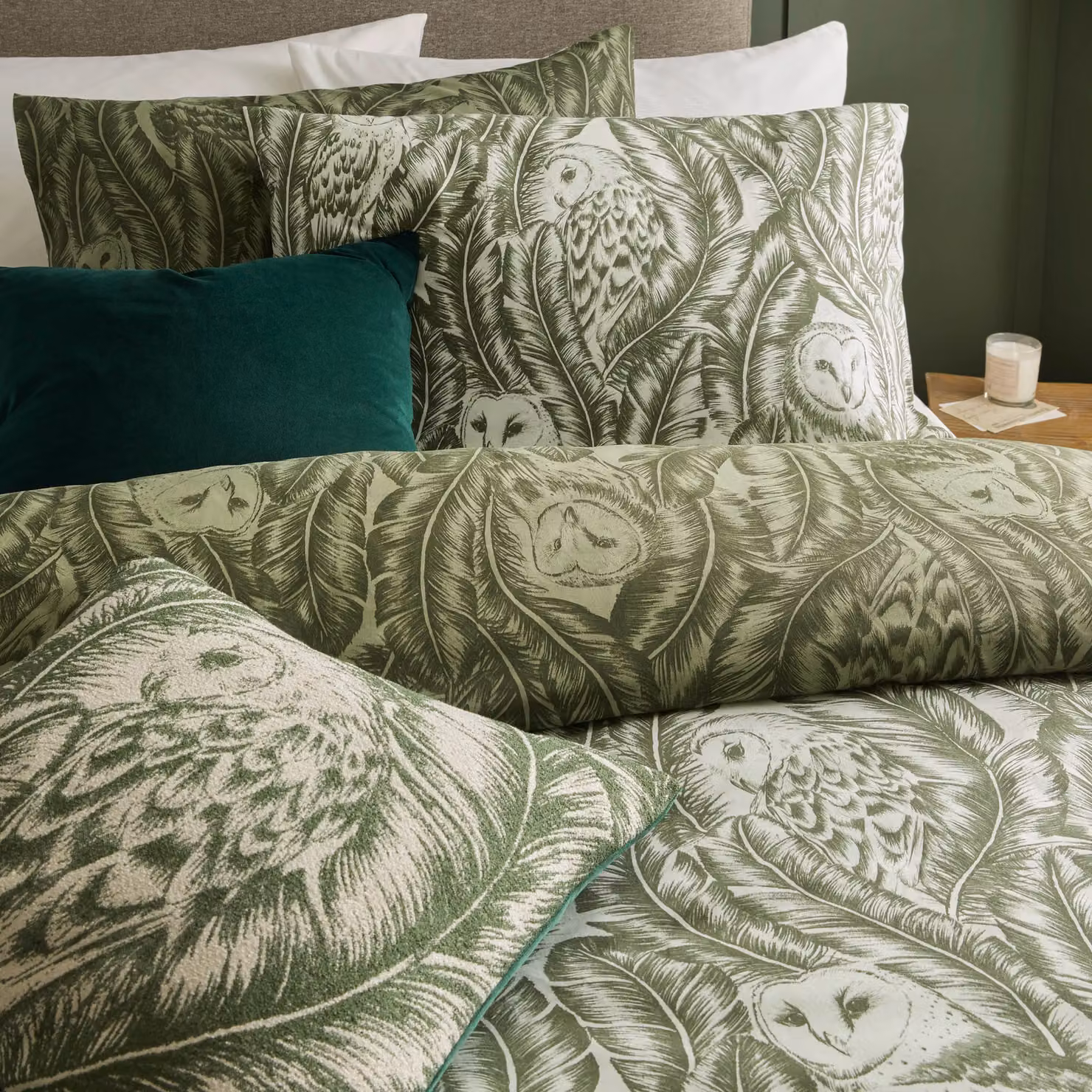 Wylder Albus Barn Owl Floral Cotton Duvet Cover Set in Green, W: 140 cm, L: 200 cm – 2