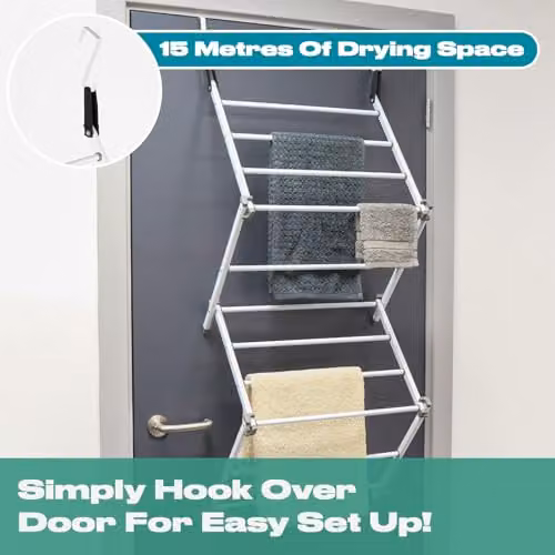 OHS White Over Door Foldable Clothes Airer with Hooks, W/D/H: 125 x 50 x 28 cm – 2
