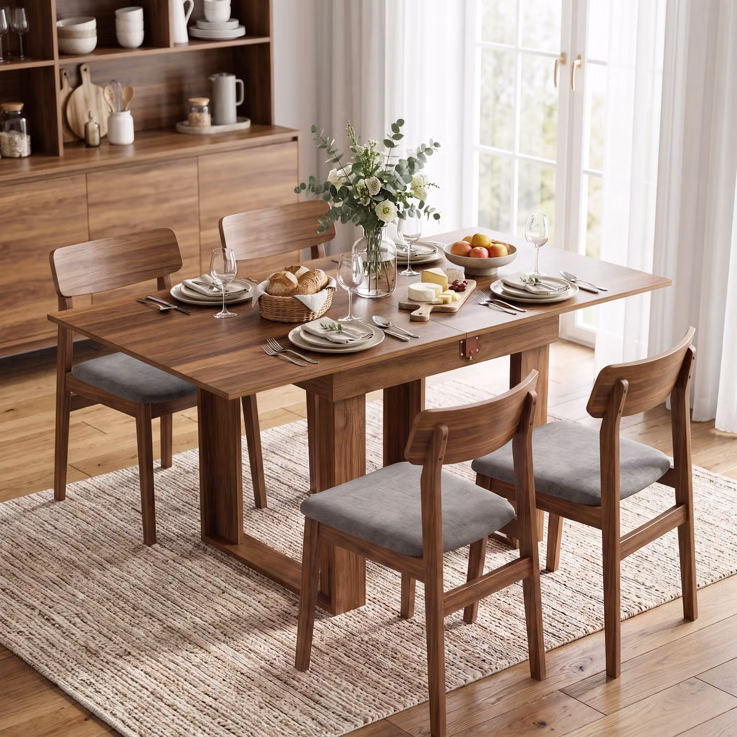 HOMCOM Extendable Folding Dining Table with Under-Table Storage in Grey Wood Effect and Steel Rail – 2