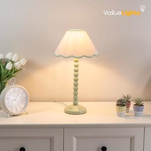 ValueLights Sage Green Bobbin Stem Table Lamp with Scallop Shade and Bulb Included – 2